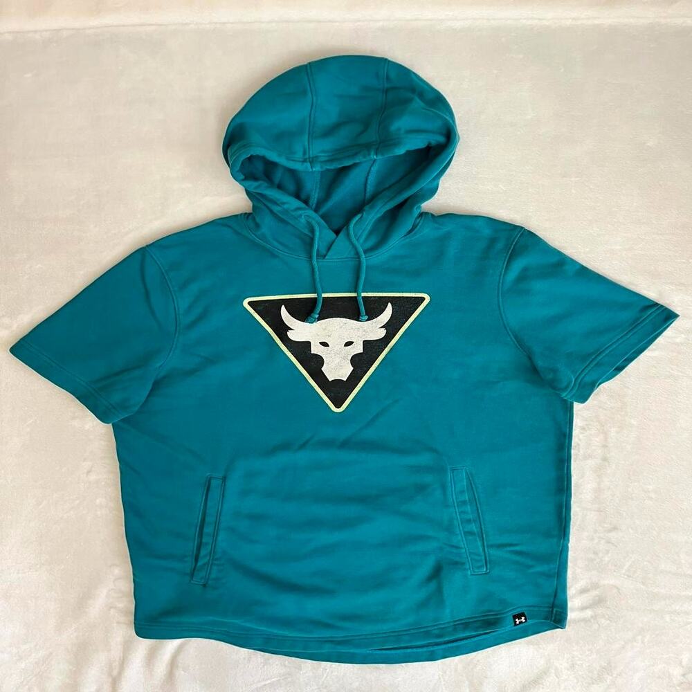 Under Armour Project Rock Hoodie Men's M Short Sleeve Teal Gym Workout Roo Pouch